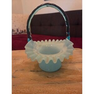 Vintage Fenton Blue Opalescent Ruffled Glass Basket W/ Blue Handle